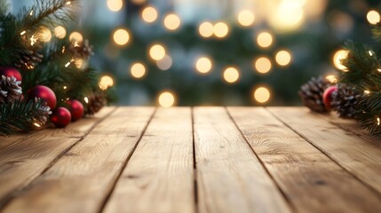 Empty Wooden Table with Christmas Lights Pine Branches in Background