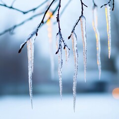 Icicles hanging from snowy tree branches, capturing the chill of winter