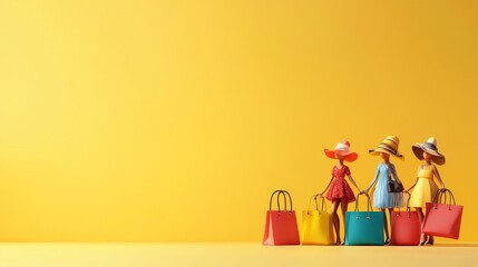 Vibrant shopping scene with enthusiastic customers carrying multiple bags, lively atmosphere, colorful displays, engaging 3D illustration