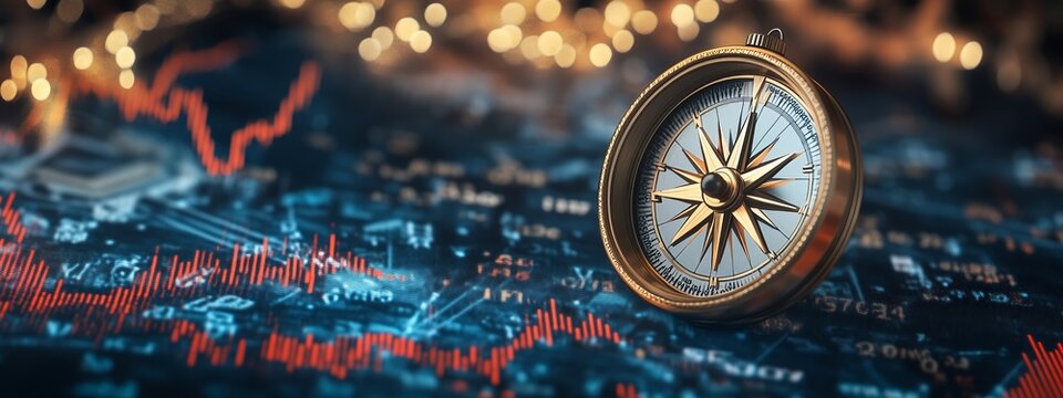 A compass placed on a digital data chart showcasing financial graphs, with sparkling lights enhancing the scene.