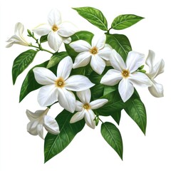 Obraz premium A cluster of white flowers with green leaves, showcasing natural beauty and elegance.