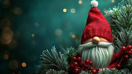 Obraz premium Christmas Gnome with Winter Beard Red Hat Holding Berry Branch in Snow