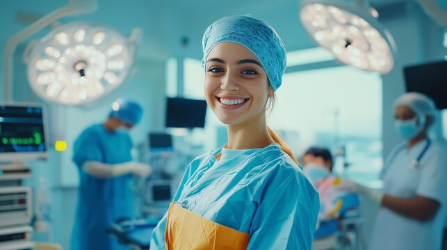 A cheerful surgeon in colorful scrubs leads a diverse team in a bright, modern OR, ready for surgery.