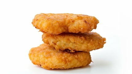 Three Golden Chicken Nuggets Stacked, White Background, Crispy, Deep Fried, Breading, Chicken Nuggets, Fast Food
