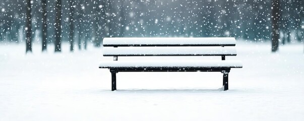 Snow-covered bench in a quiet park with falling snow, peaceful winter moment
