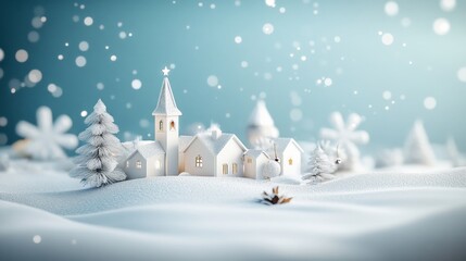 Festive Winter Village, a charming scene of a snow-blanketed village adorned with vibrant holiday decorations, inviting warmth and joy