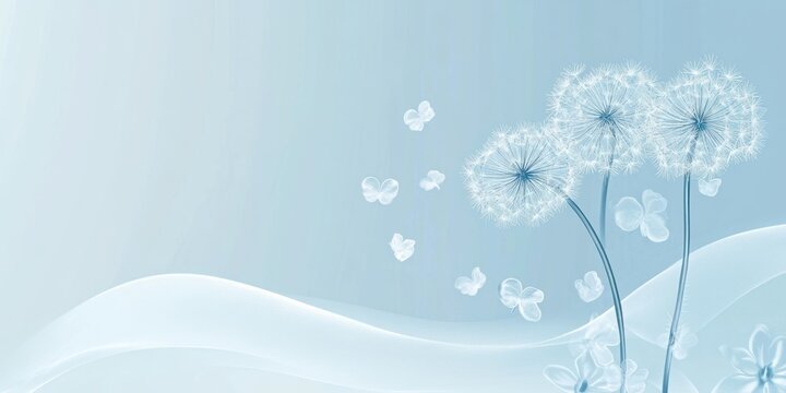 Fototapeta A serene illustration of dandelions with a soft blue background and delicate butterflies.