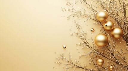 Obraz premium Golden Christmas Baubles Hanging with Glitter Against a Bright Background