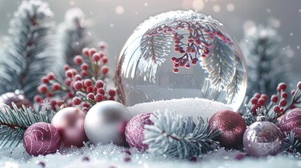 A silver gray background, a large empty snow globe, surrounded by pine trees, berries, limbs, ornaments.