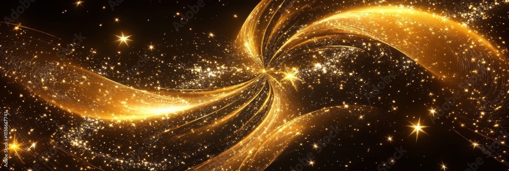 Poster Golden spirals intertwine with stars, illuminating a dark backdrop and capturing the essence of the festive season in an abstract form. Generative AI