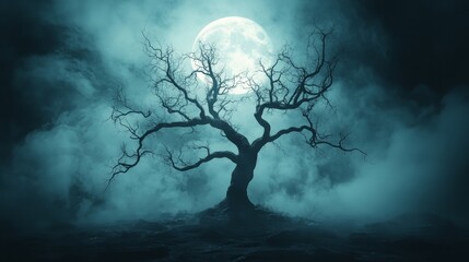 Twisted branches of a spooky tree under a full moon, eerie atmosphere, vibrant 3D illustration, captivating and haunting scene