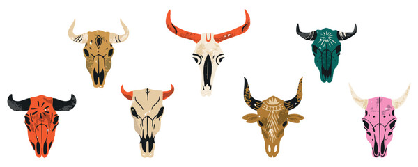 A set of seven decorative vector illustrations of bull skulls with intricate, colorful designs. Each skull is unique, featuring bold patterns, perfect for Western, tribal, or rustic-themed projects.
