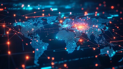 A Digital World Map with Glowing Lines and Points