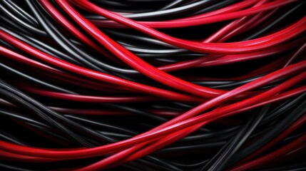Exposed aluminum wires for electric cables. Red and black wires without protective covers for speakers or power sources. These wires carry electricity to devices.