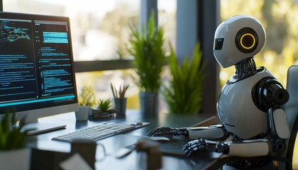 Fototapeta premium AI Chatbot Robot Assistance Displayed on Computer Screen in Office