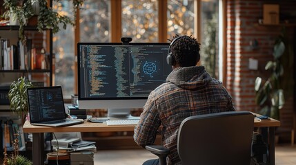 Naklejka premium Cybersecurity concept of Programer sitting on desk discussing with mixed team of software developers about artificial intelligence innovation