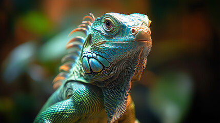 Obraz premium Green iguana with blurred nature background.