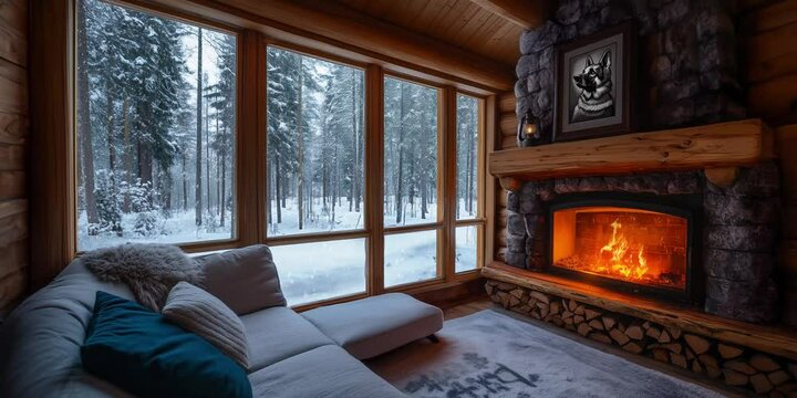 modern living room with fireplace, beautiful snowy forest view, 4K UHD nature wallpaper, endless looped background animation