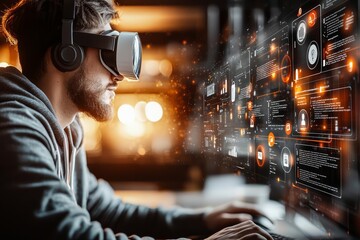 Cybersecurity concept of  Coding software developer work with augmented reality dashboard computer icons  with responsive cybersecurity.  , copy space for text,