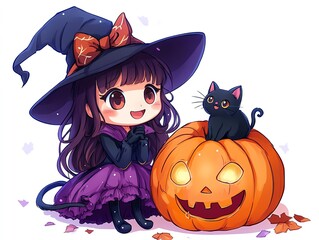 A cheerful witch with a black cat sits beside a carved pumpkin, perfect for Halloween-themed artwork.