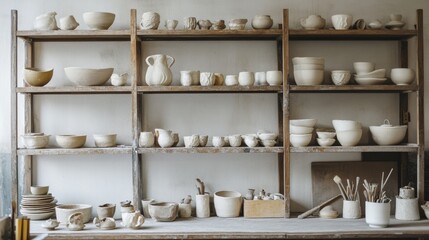 Obraz premium A tranquil pottery workshop with shelves of delicate ceramic sculptures, Pottery tools arranged in a workshop of creative serenity, Contemporary ceramic art style