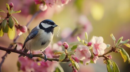 Charming Bird Among Delicate Pink Blossoms