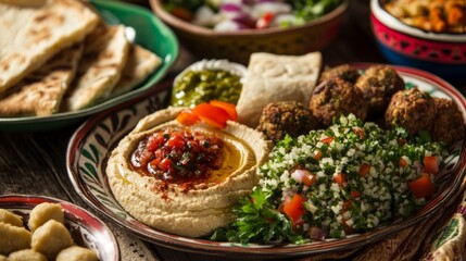 A sumptuous platter of Middle Eastern mezze including hummus, falafel, tabbouleh