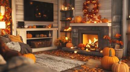 Obraz premium Cozy living room with a fireplace, decorated with pumpkins, leaves, and warm lighting for autumn. 