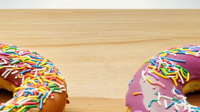zoomin 4K video traditional glazed donuts vanilla frosting rainbow sprinkles laid out light wood table perfect beauty delicious sweet treats donut sprinkle day national cake high covered