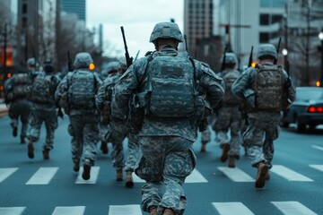 Group of soldiers running in the city