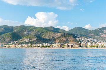 Beautiful view from the sea to Cleopatra Beach in Alanya on a summer day
