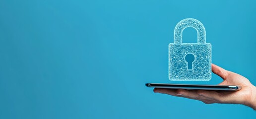 Cybersecurity concept of  Male hand holding a lock padlock icon