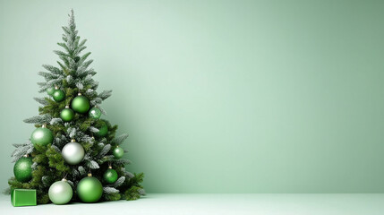 A beautifully decorated Christmas tree with green and silver ornaments, set against a soft green background. The tree has a frosted appearance, adding a wintery touch, and there is a small green gift