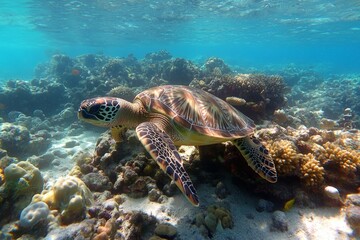 Obraz premium Sea turtle swimming over tropical coral reef