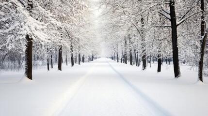 Snow-covered path through a winter park, peaceful and serene