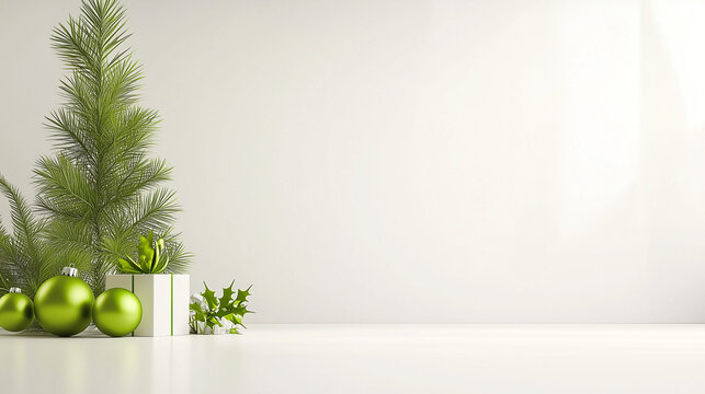 A minimalist holiday scene featuring a green Christmas tree, shiny green ornaments, and a white gift box. The background is light and neutral, creating a serene atmosphere perfect for festive decorati