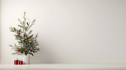 A minimalist Christmas scene featuring a small decorated pine tree in a white pot, adorned with red ornaments. Next to the tree, there are three small red gift boxes. The background is a plain white