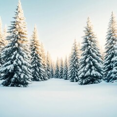 Obraz premium Snow-covered pine trees with soft sunlight filtering through, peaceful winter wonderland