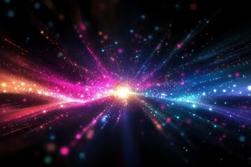 Nighttime scenery featuring holographic lights intertwined with colorful fireworks.