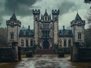 Obraz premium A hauntingly beautiful historic castle shrouded in moody skies, perfect for themes of mystery and architecture.