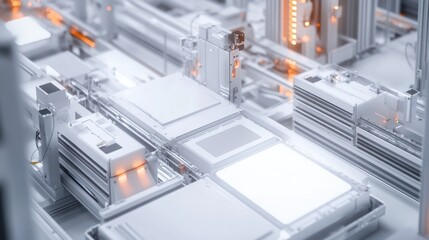 Electric car battery factory with automated production lines and robotic machinery.