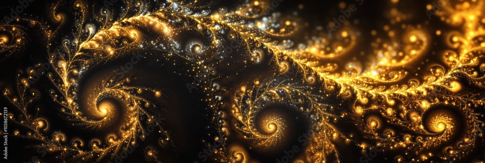 Poster intricate golden spirals and shimmering stars weave together against a dark background, evoking a se
