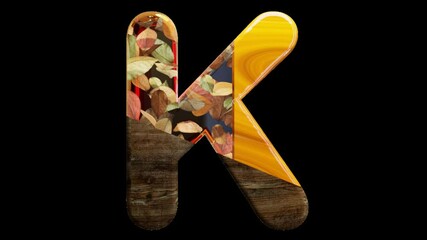 alphabetic capital letter K with falling leaves, transparent background, loop, endless
