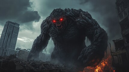 A massive monster towers over a destroyed cityscape, glowing red eyes piercing through the dark clouds, evoking a sense of awe and fear.
