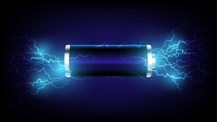 3d Battery charging indicator with thunder isolated. Electric battery power charging technology concept. Neon dark Blue Light Abstract Technology background for computer graphic website internet.