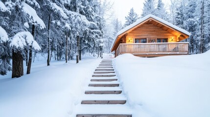 Fototapeta premium Snow-covered steps leading to a frosty wooden cabin, tranquil winter retreat