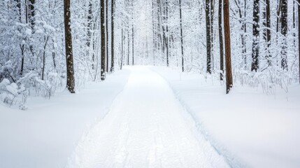 Fototapeta premium Snow-covered trail leading through a forest, quiet winter escape