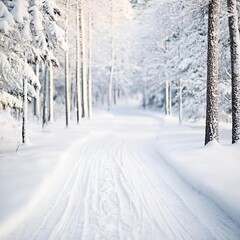 Naklejka premium Snow-covered trail through a snowy forest, peaceful winter serenity