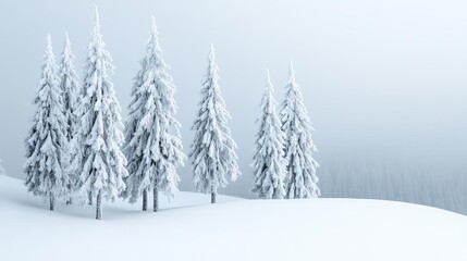 Fototapeta premium Snow-covered trees with fog rolling in, eerie winter chill