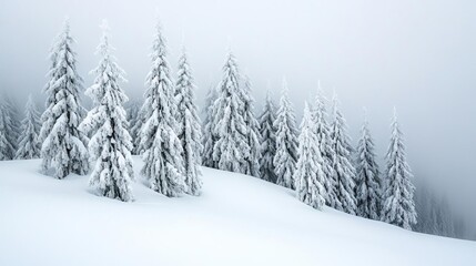 Fototapeta premium Snow-covered trees with fog rolling in, eerie winter chill